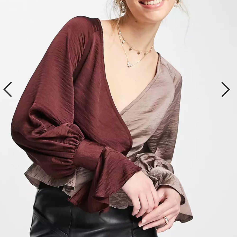 ASOS DESIGN Satin Color Block Wrap Top with Tie Button Cuff in Mauve in Size XS